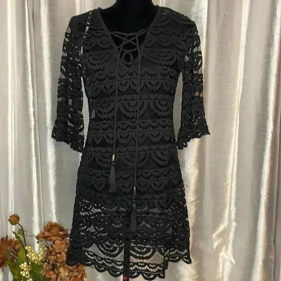 Blue Island Women’s Small Black Lacy Swim Nylon Coverup - Picture 2 of 10